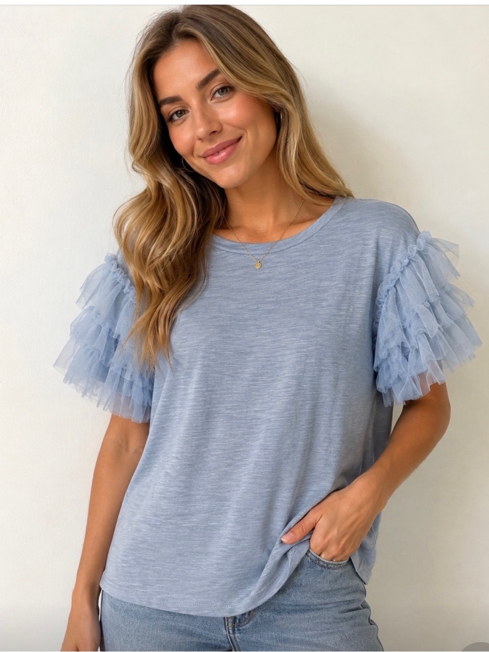 Lea & Viola Blue Ruffle Sleeve Top